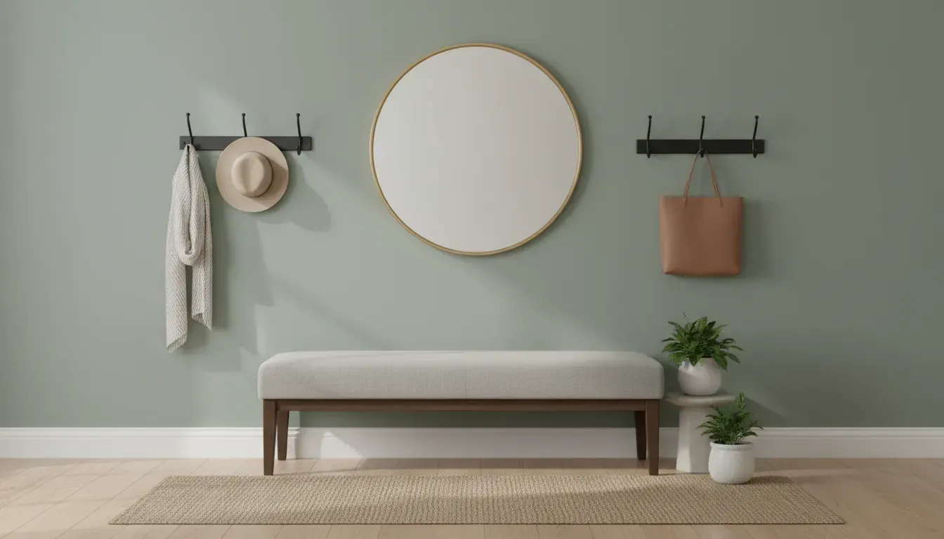 Styled entryway with a cushioned bench, round mirror, and wall hooks