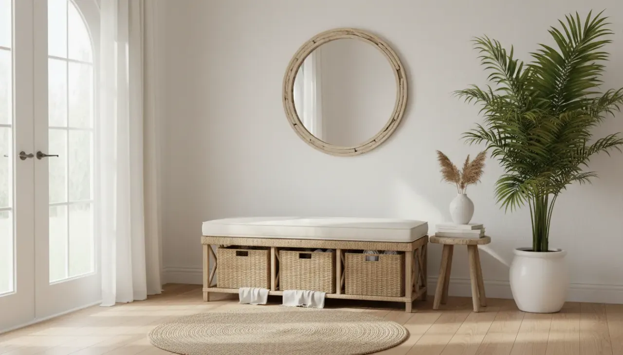 A sunlit entryway featuring a white bench with woven rattan baskets and linen cushions.