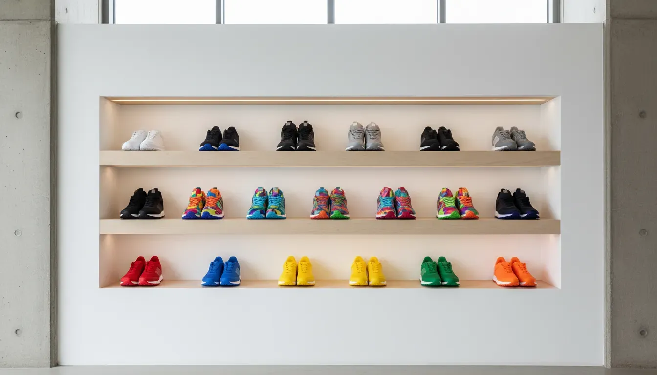 A dedicated shelf section featuring multi-colored patterned sneakers amidst solid color blocks