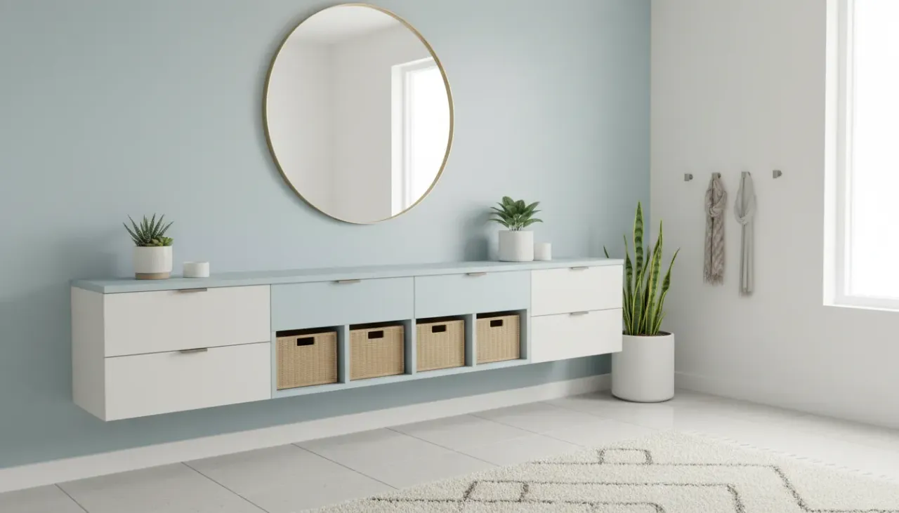 A pristine, small entryway featuring monochromatic white storage cabinetry that blends into the walls to maximize space perception.