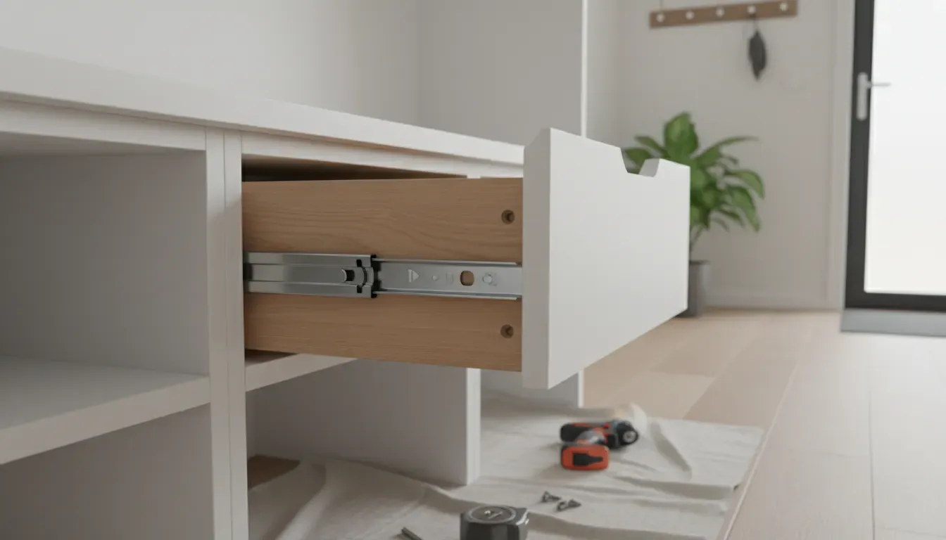 Detailed view of drawer slide installation on a white entryway bench