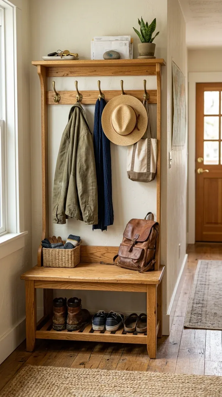 Real entryway setup with a natural oak finish hall tree in daily use