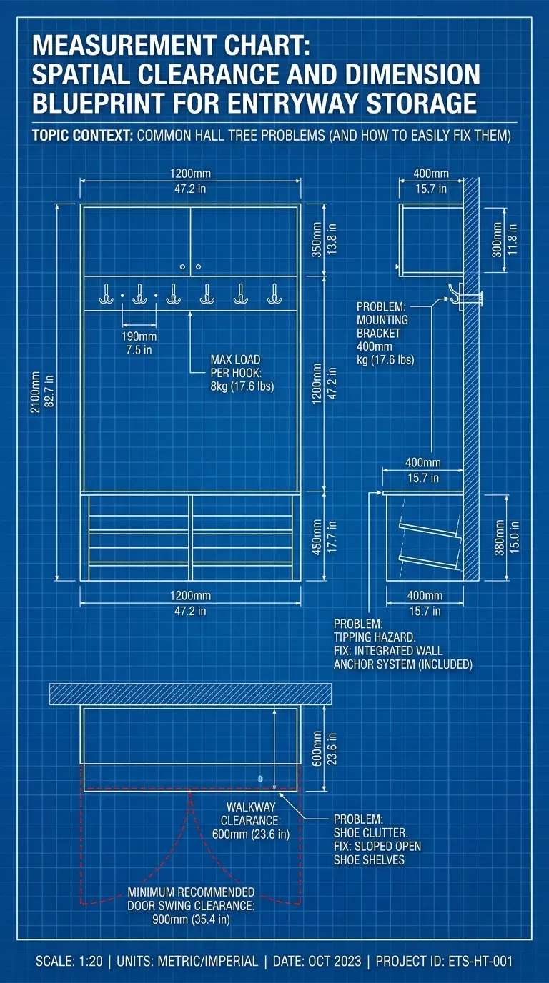Measurement chart showing spatial clearance and dimension blueprint for entryway storage