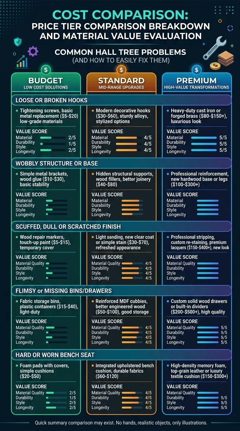 Cost comparison chart of price tiers and material value for hall tree repairs