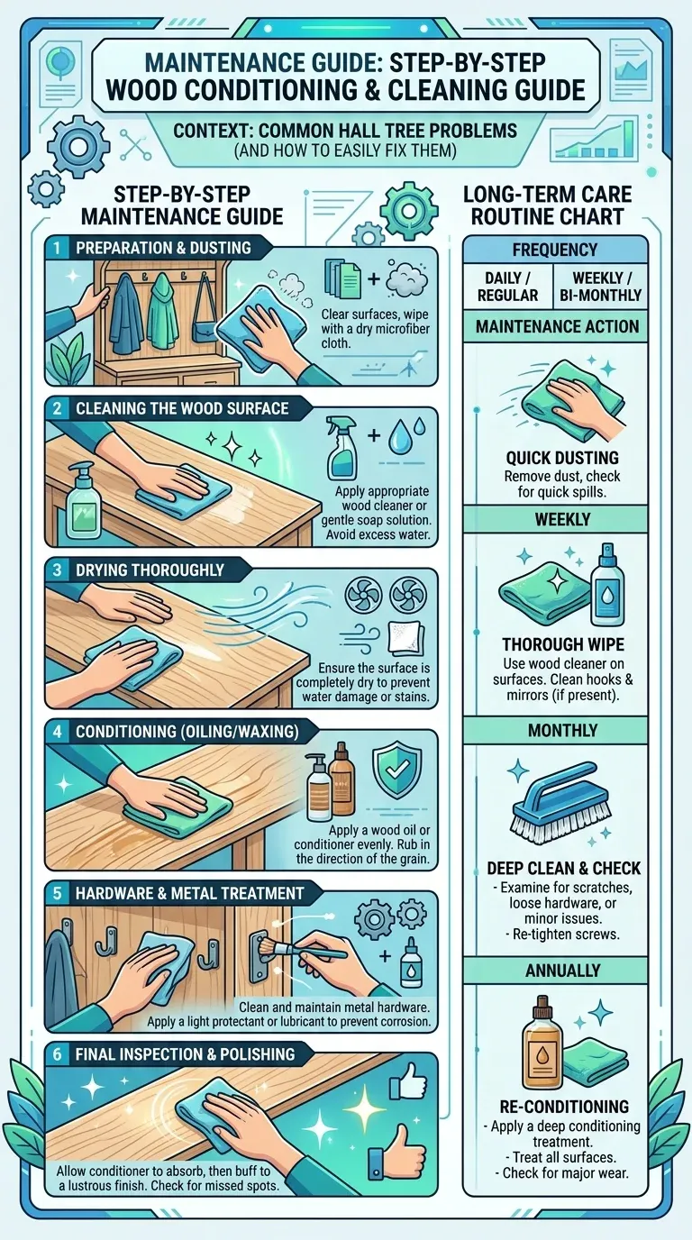 Step-by-step wood conditioning photo for the fully maintained hall tree bench