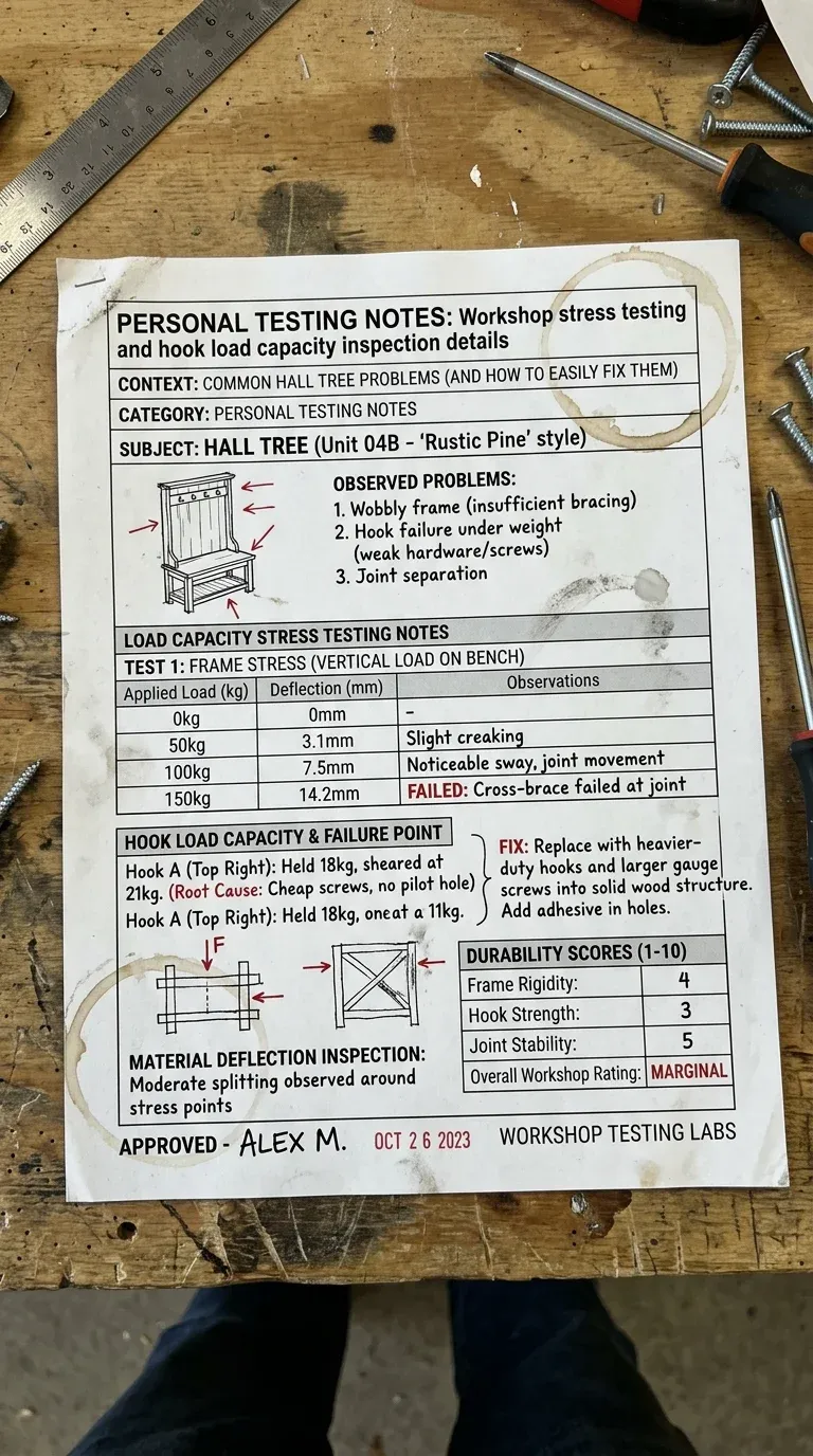 Hall tree build quality and hook capacity reference photo for the maintenance check