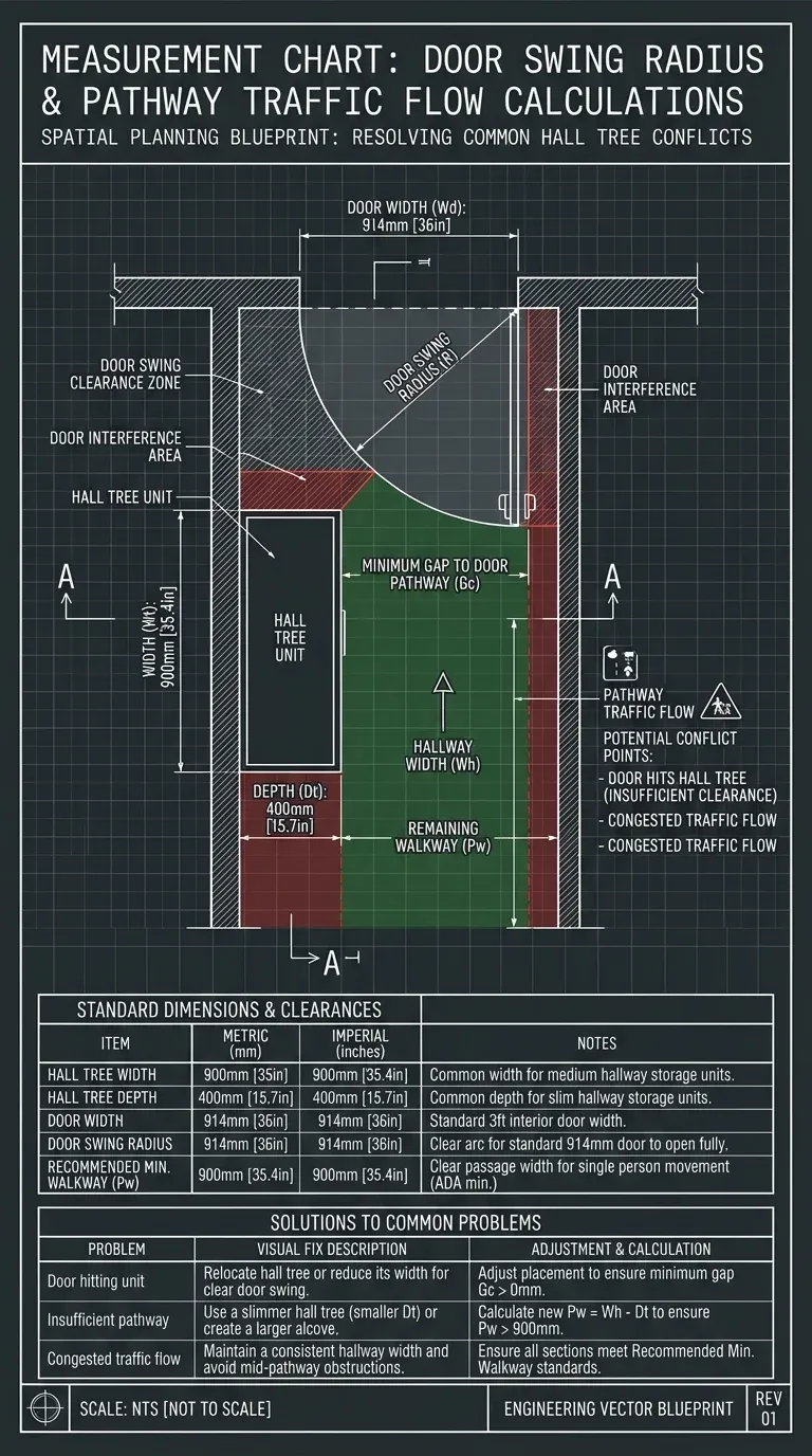 Door swing radius and pathway traffic flow diagram for the entryway layout