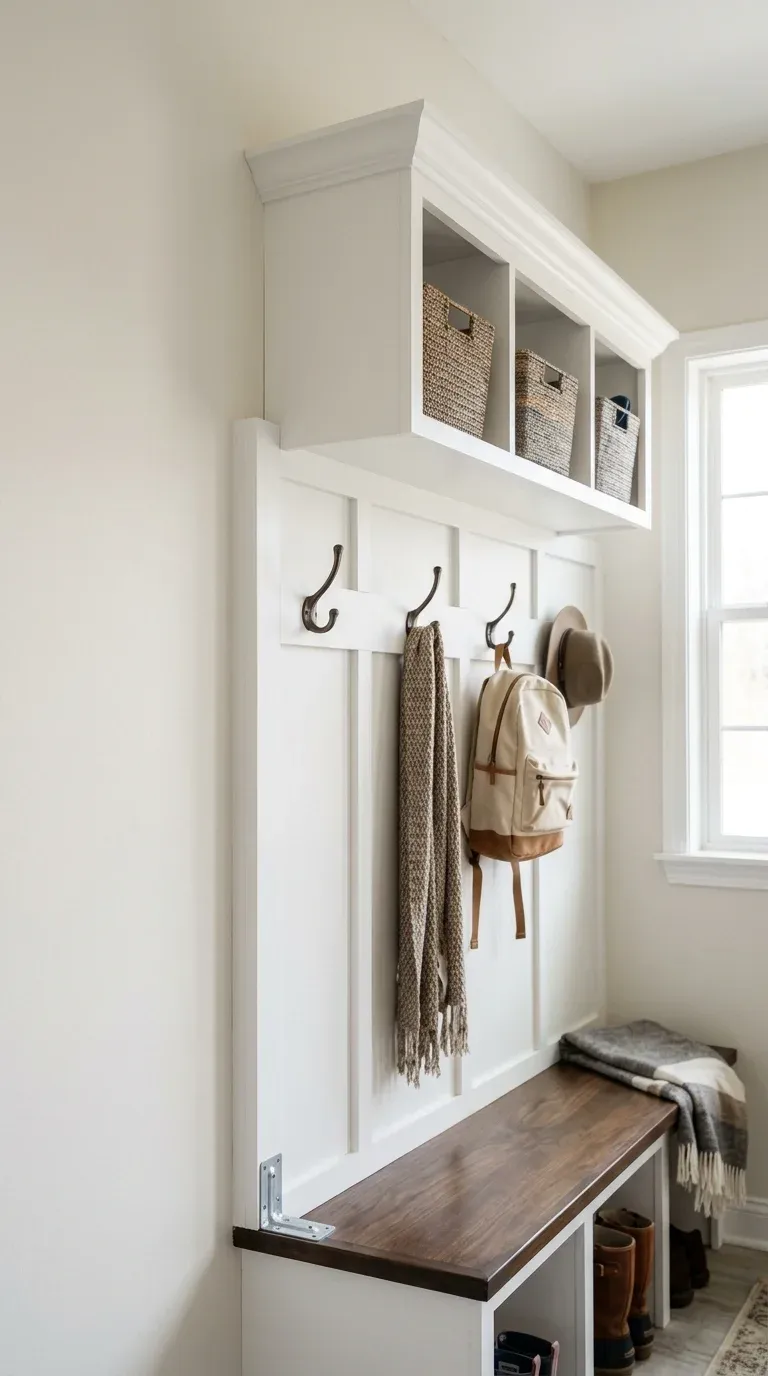 Modular mudroom storage installation showing wall anchors being secured
