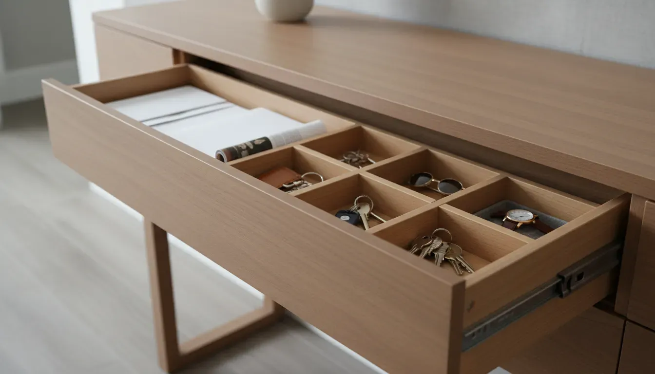 Detail shot of a console table drawer organizer with compartments for keys and mail