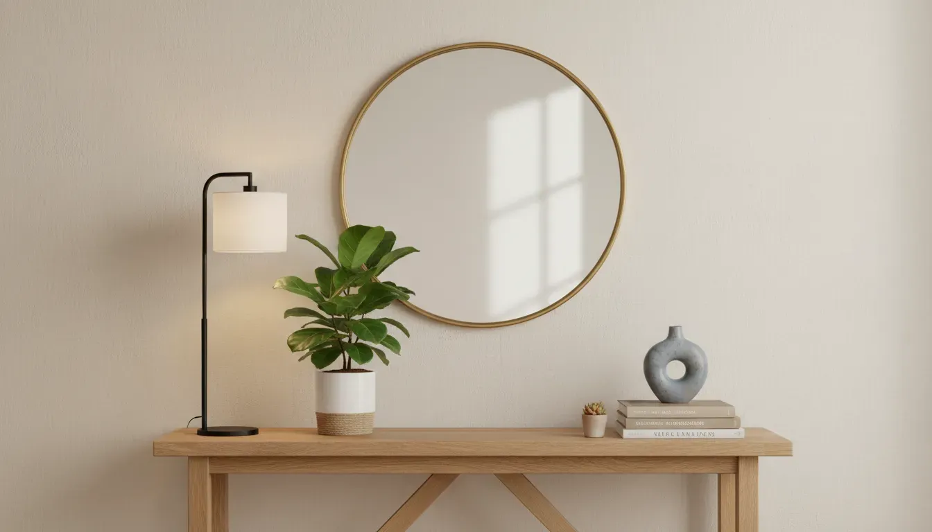 A tastefully styled vignette on a console table featuring a lamp, a mirror, and a small plant
