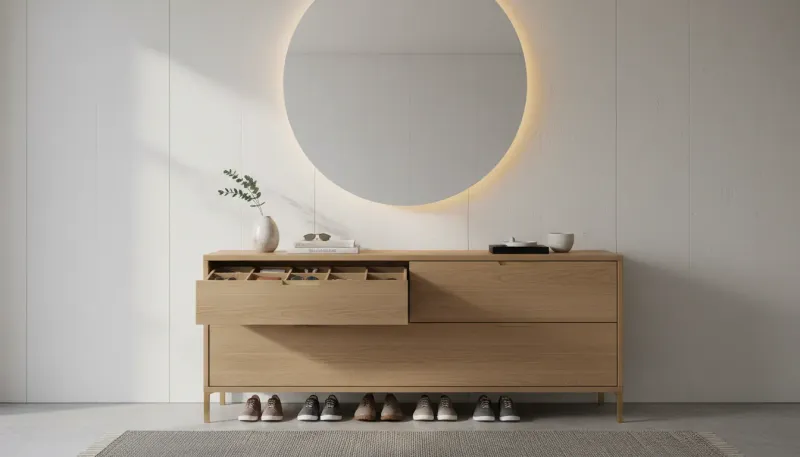 A sleek wooden console table with closed drawers situated in a modern, narrow apartment hallway