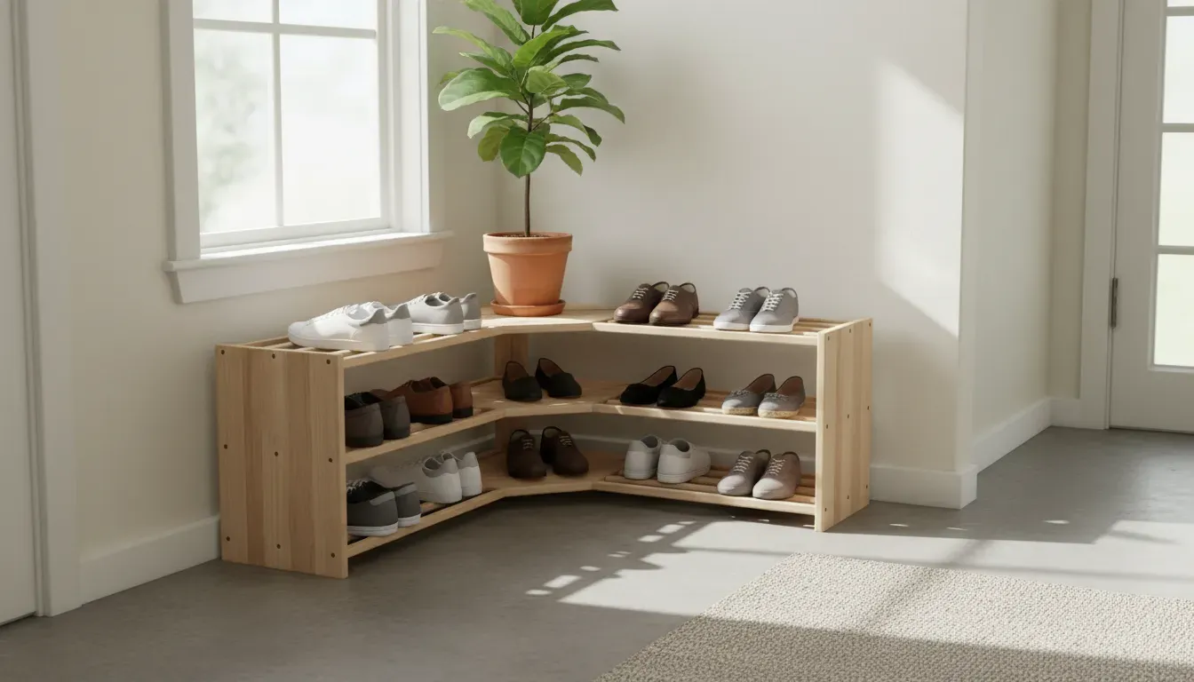 A minimalist wooden corner shoe rack filled with neatly organized footwear in a bright hallway
