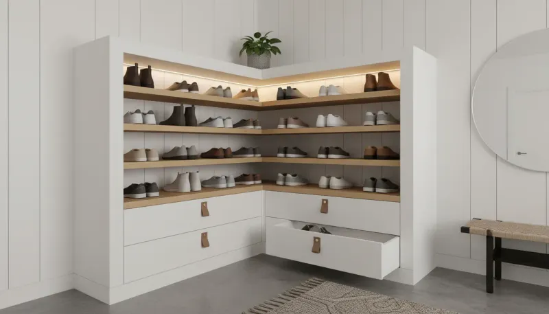 A modern entryway featuring a sleek white corner shoe cabinet maximizing space in a tight foyer