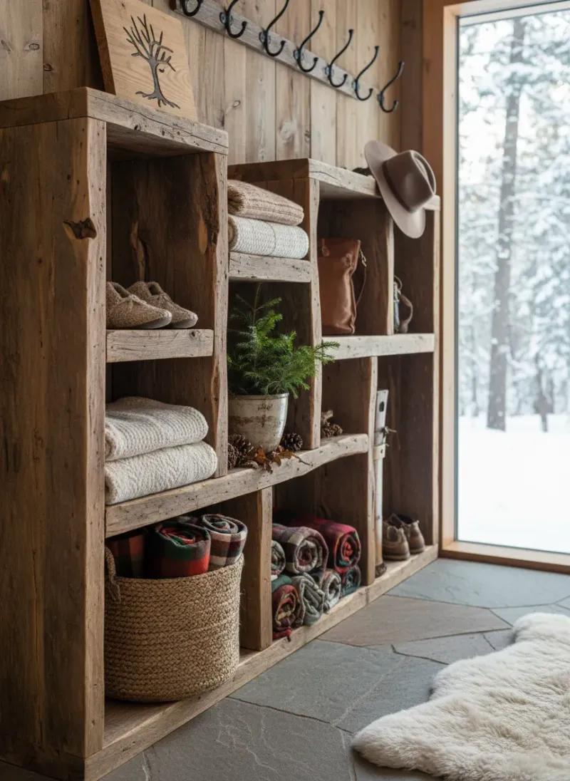 Professional SEO visualization for Cozy Cabin Vibes: Rustic Wood Cubby Designs for a Natural Entryway