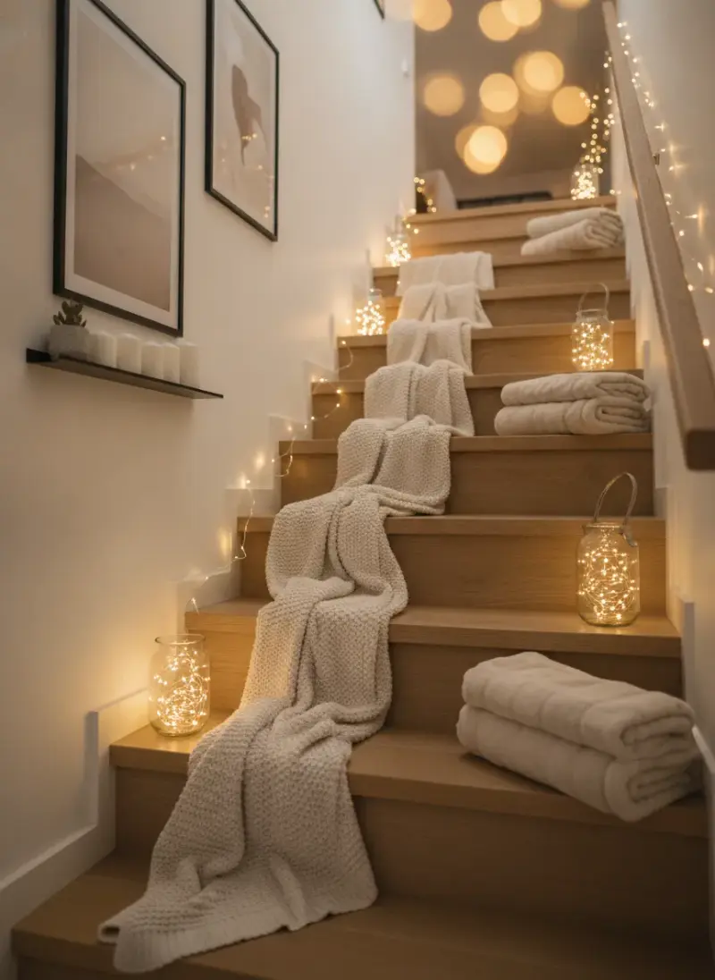 Cozy Staircase Decor Ideas | Warm Lighting & Minimal Wall Styling