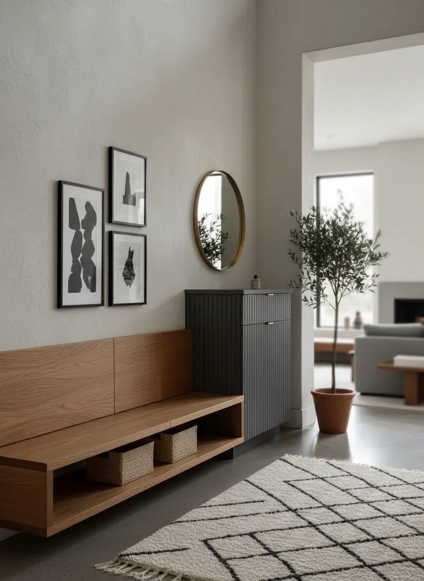 A beautifully designed custom entryway with integrated bench seating and hidden storage compartments