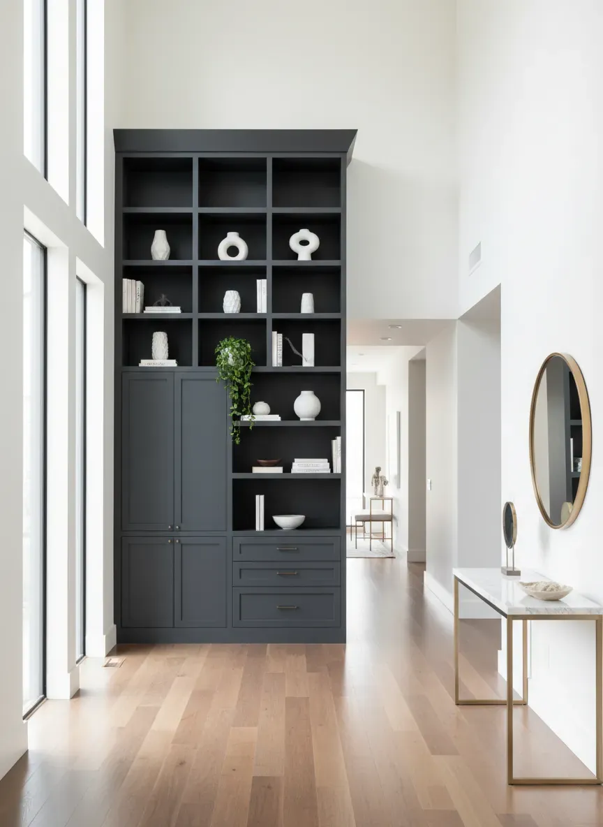 A wide shot of a brightly lit foyer showcasing a floor-to-ceiling custom organization unit painted in a modern dark tone