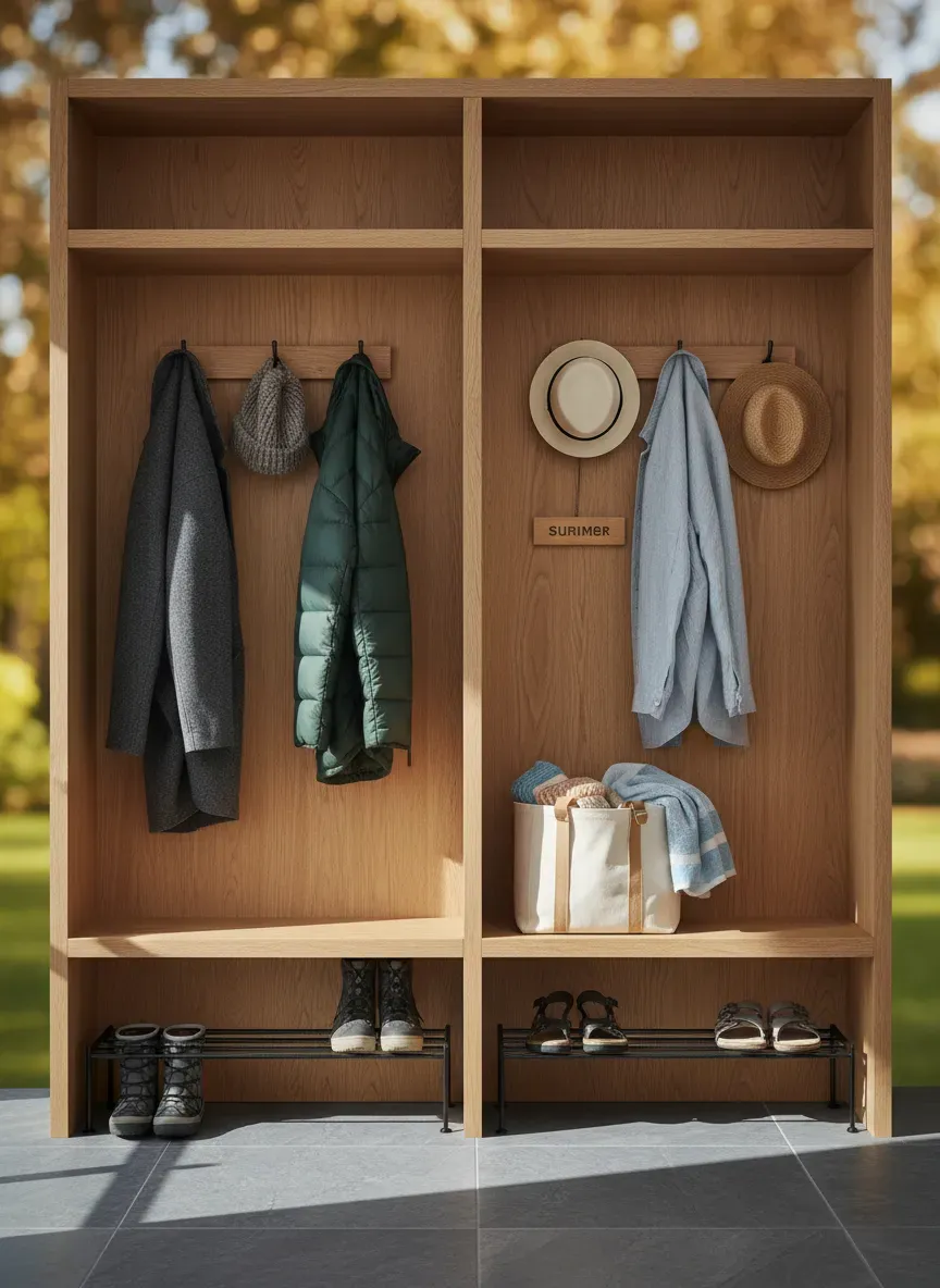 Mudroom storage transition showing winter coats and summer gear neatly organized