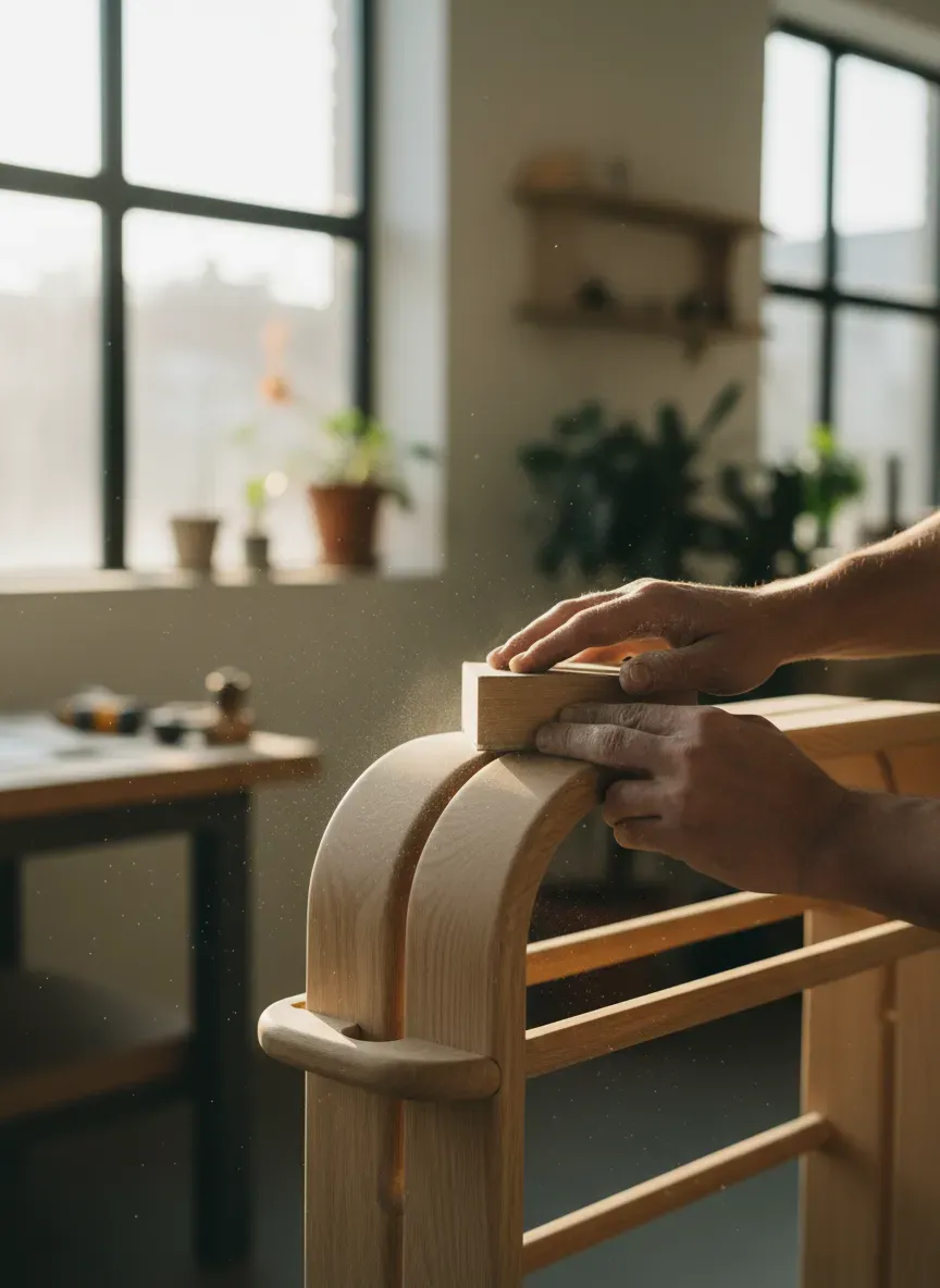 Close up of sanding a wooden entryway rack