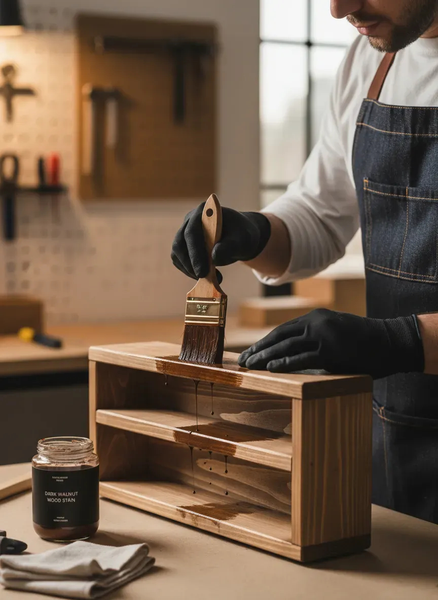 Applying dark stain to a wooden wall rack