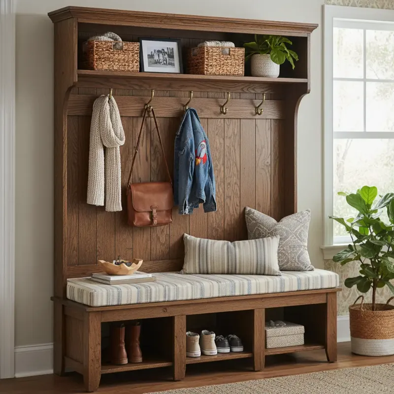 A beautifully customized hall tree in a modern farmhouse entryway