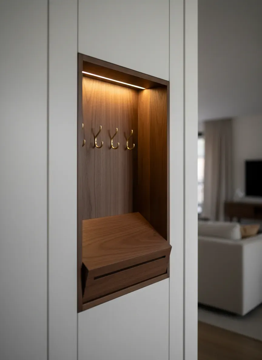 Custom entryway millwork featuring a recessed walnut niche with integrated LED strip lighting illuminating brushed brass key hooks and a sloped mail sorter.