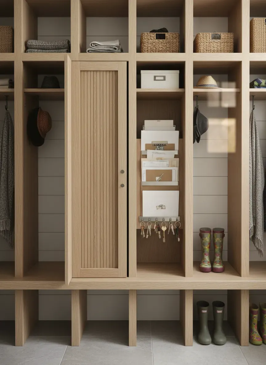 A perfectly organized mudroom locker system showing internal divisions. One specific cubby features a tambour door partially open, revealing sorted envelopes and hanging keys.