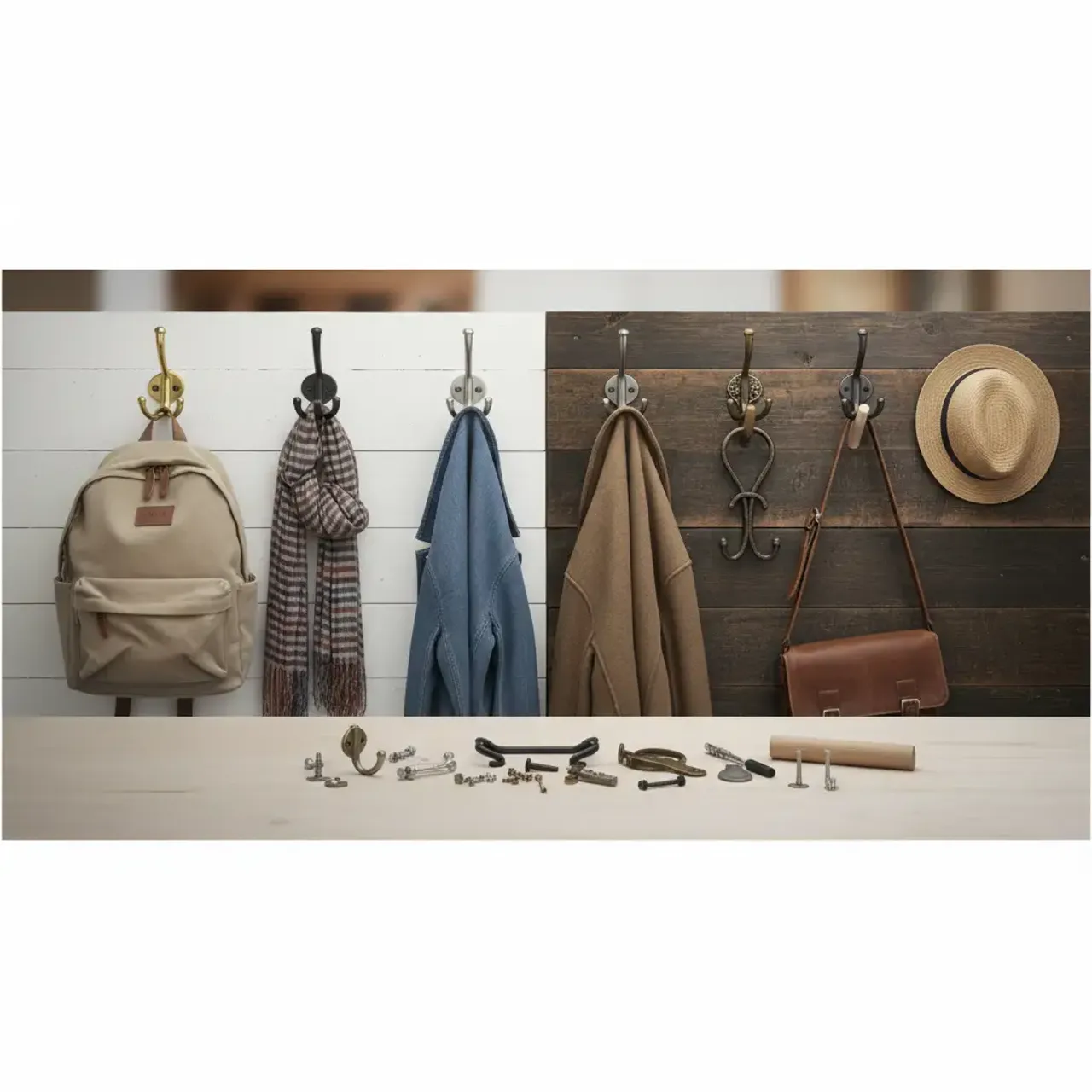 A close-up of high-quality bronze hooks mounted on a white wooden mudroom locker
