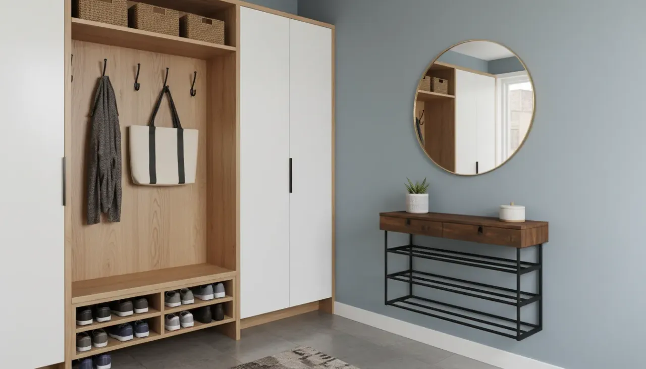A sleek, organized small apartment entrance featuring a narrow console table, wall hooks, and hidden shoe storage, illustrating the blend of mudroom and entryway concepts.