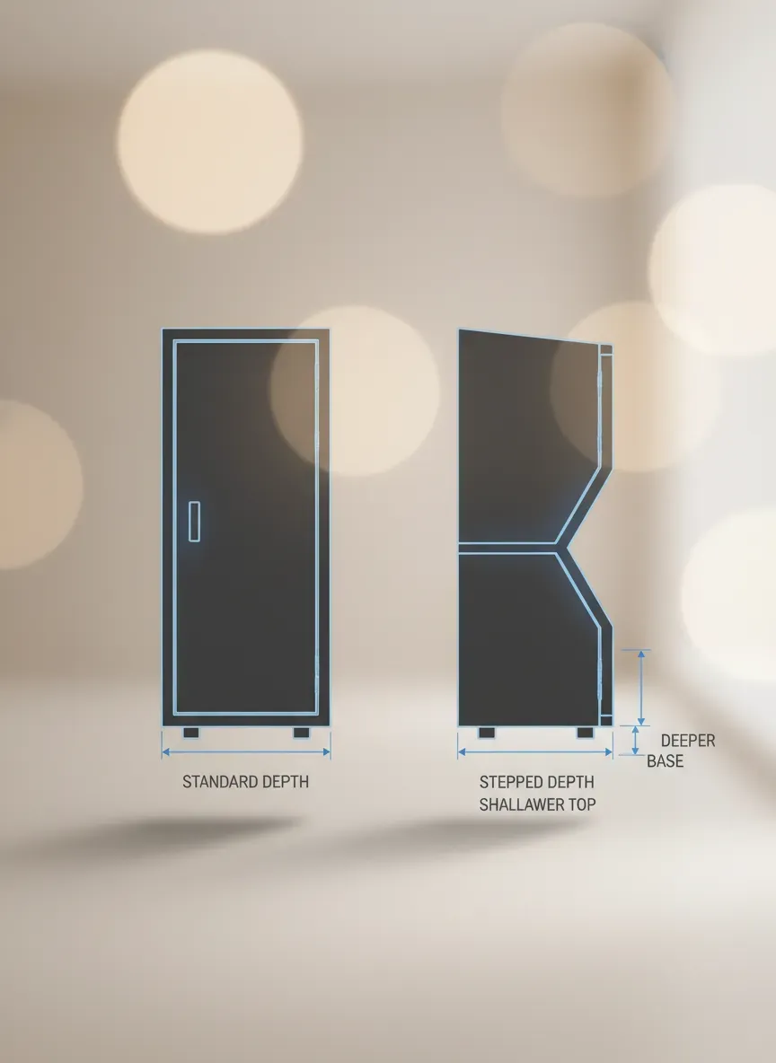 Side profile diagram comparing standard depth vs stepped depth lockers