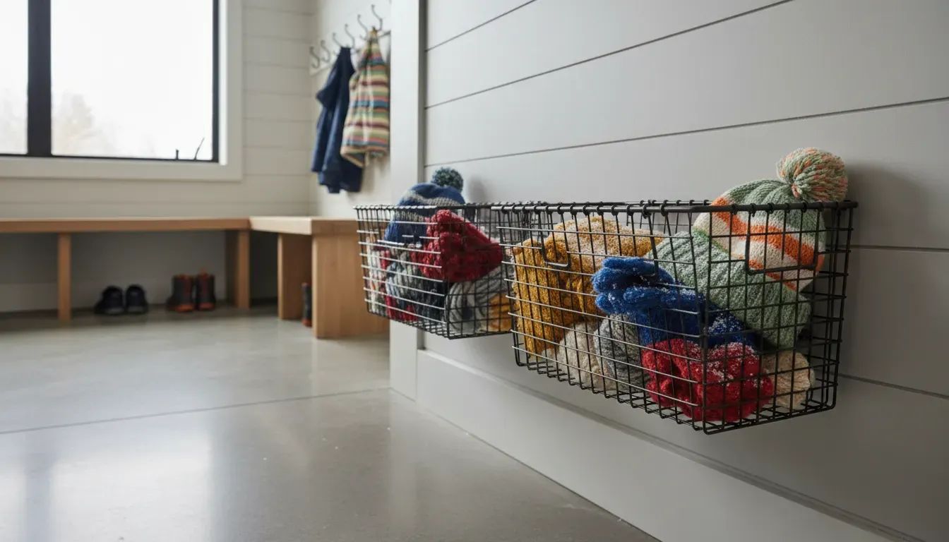 A detail shot of wire wall baskets mounted low on a wall, filled with children's mittens and hats