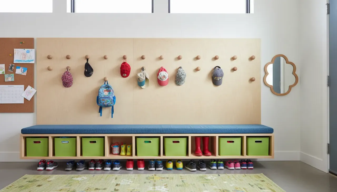 A minimalist entryway featuring low wooden hooks and a small bench designed for toddlers, with jackets hanging neatly.