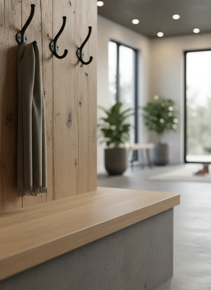 Close up of durable entryway materials including rounded bench edges and heavy duty hooks