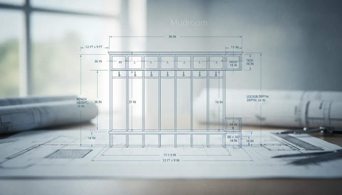 Blueprint schematic of a mudroom layout showing measurements for locker depth and bench height