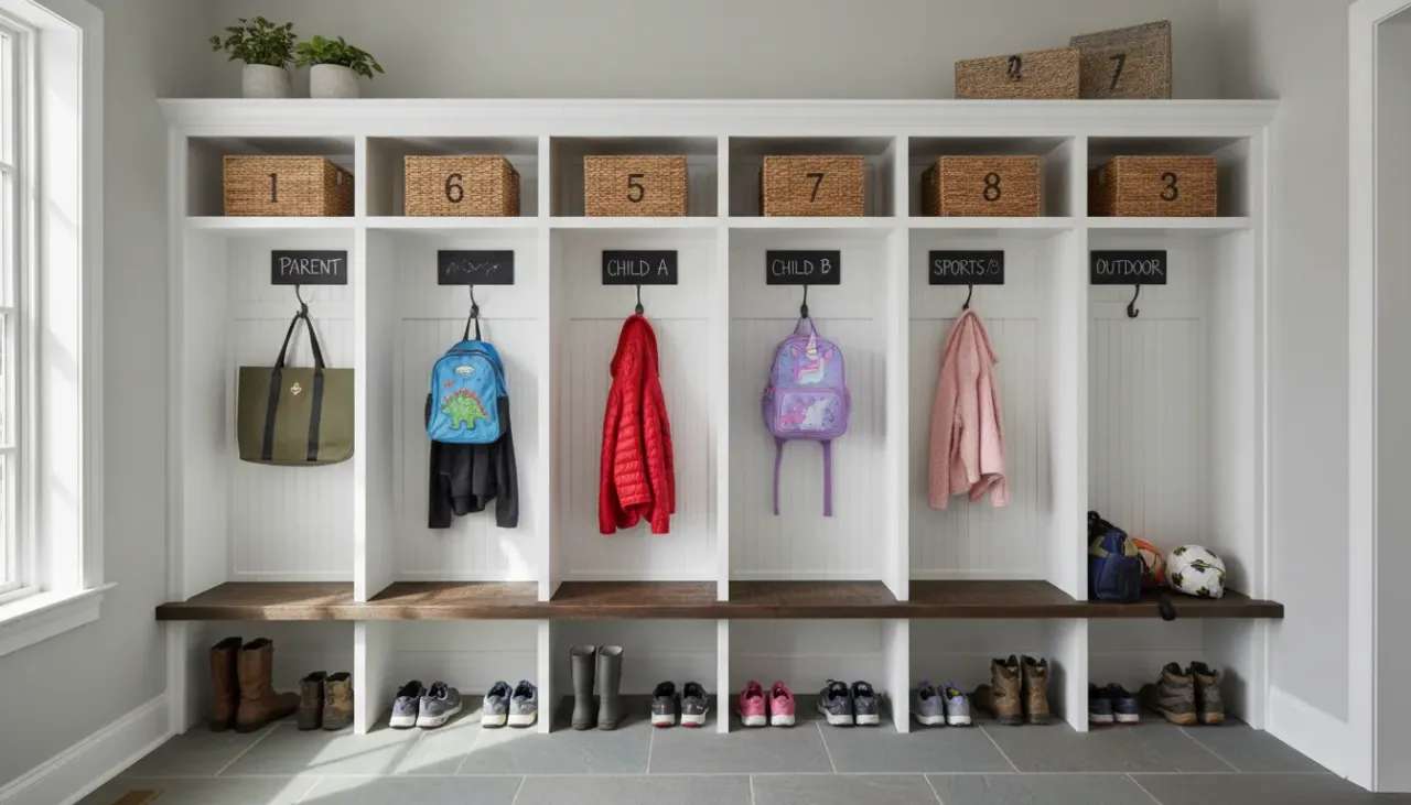 A beautifully organized mudroom featuring built-in white lockers with wood bench seating, designated hooks for coats, and woven baskets for storage.