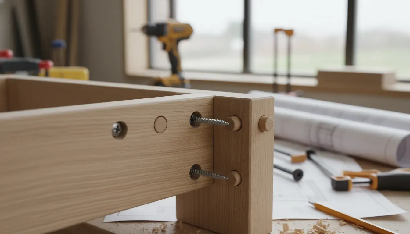 Construction detail showing pocket hole joinery on a wooden bench frame