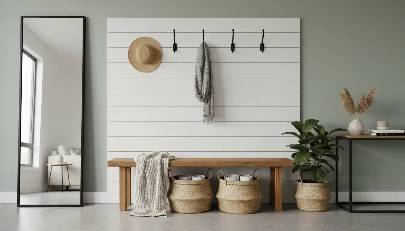 A fully styled entryway featuring a DIY bench, wall hooks, and woven baskets