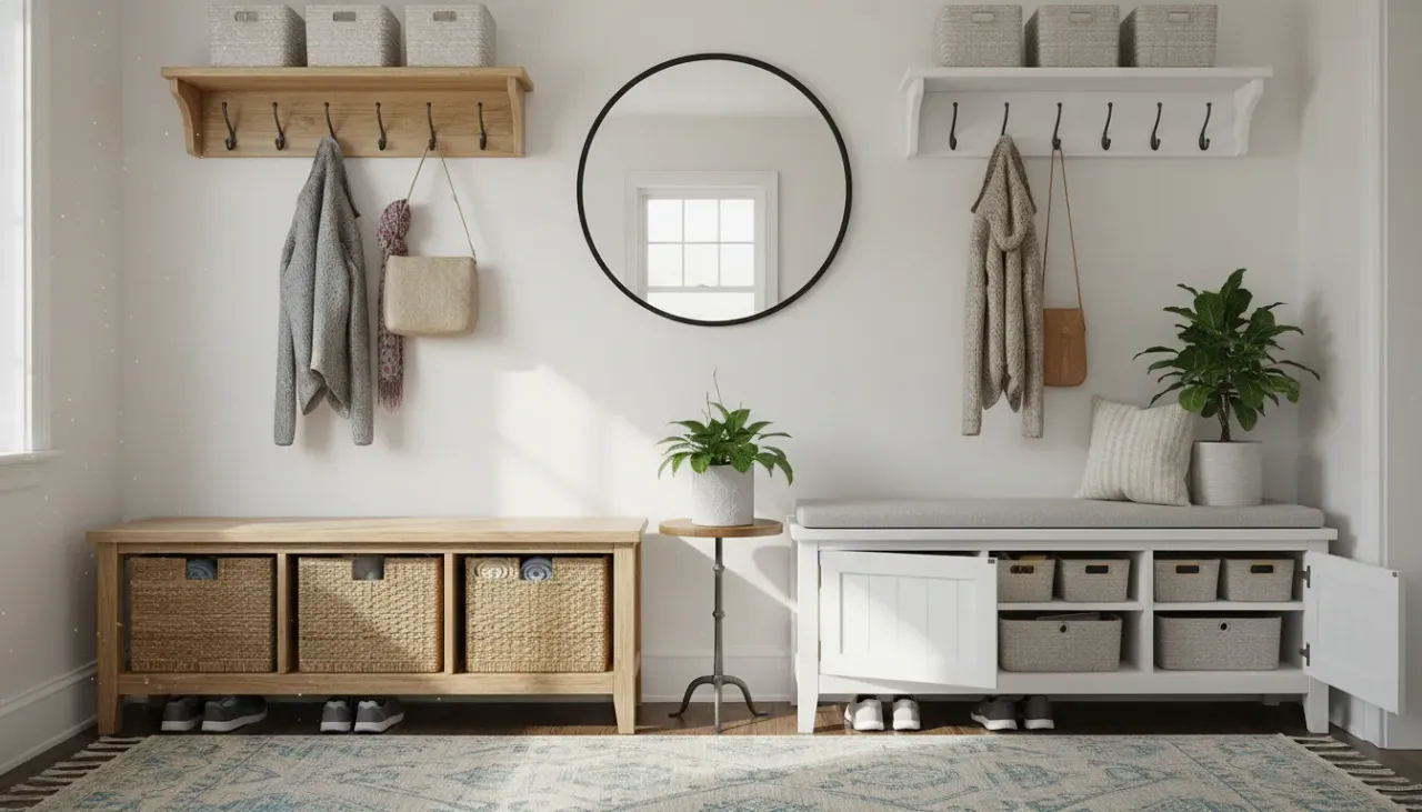 A minimalist wooden entryway bench with built-in shoe storage compartments and a neutral cushion.