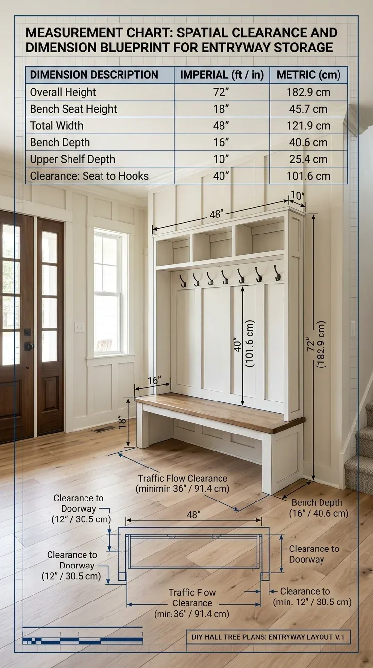Measurement chart for bench and cubby clearances in the built unit