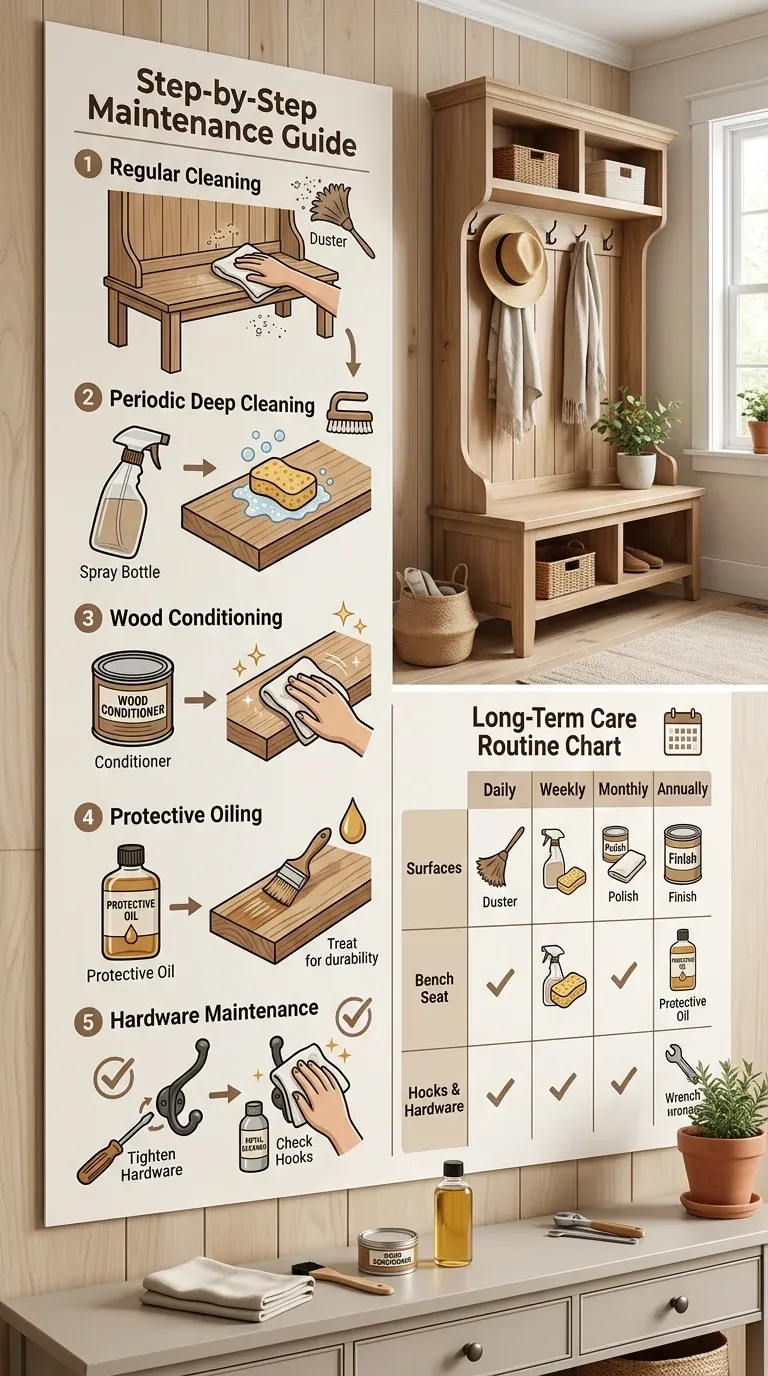 Maintenance guide showing wood conditioning and care for the finished bench