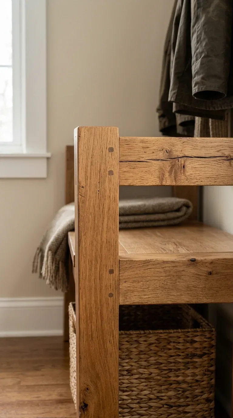 Solid wood joint detail showing the bench top seam and corner construction