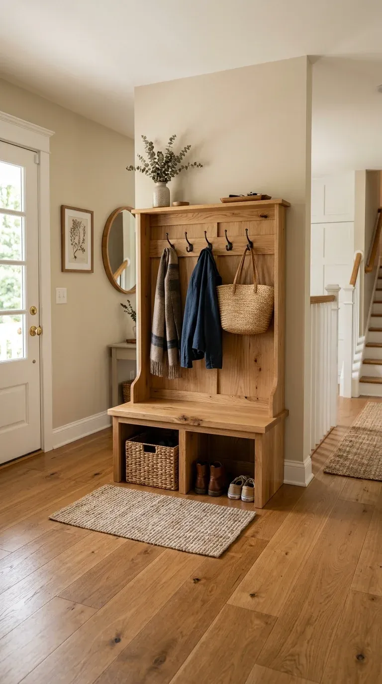 Completed custom white oak hall tree, anchored and styled, ready for daily use
