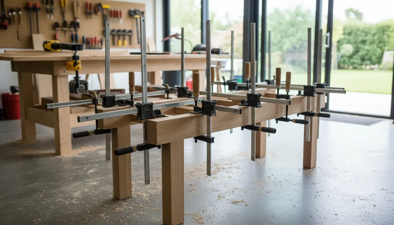 Woodworking clamps holding the bench base frame together during assembly