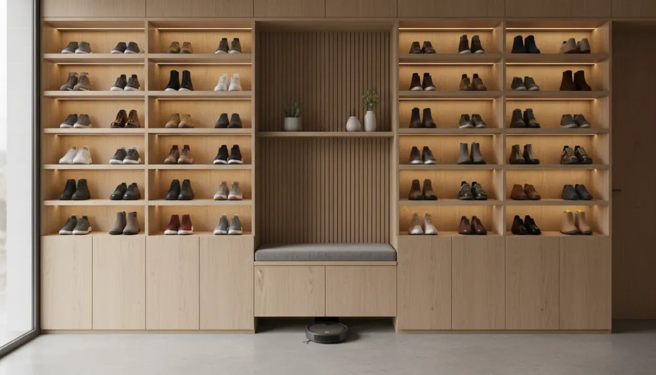A modern entryway featuring a custom built-in wooden bench with lower shoe cubbies and minimalist decor