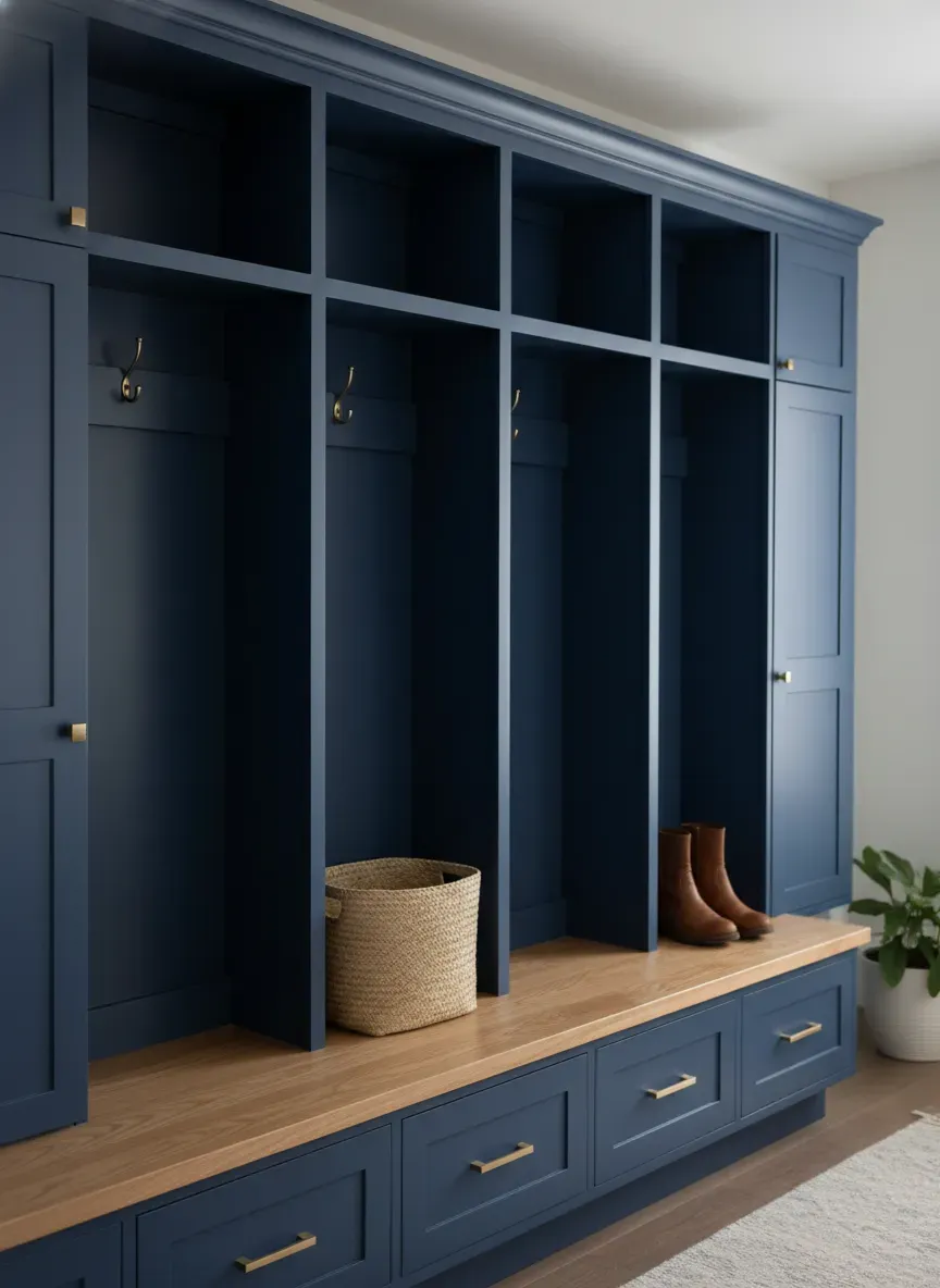 Custom built-in mudroom lockers painted in a deep moody blue