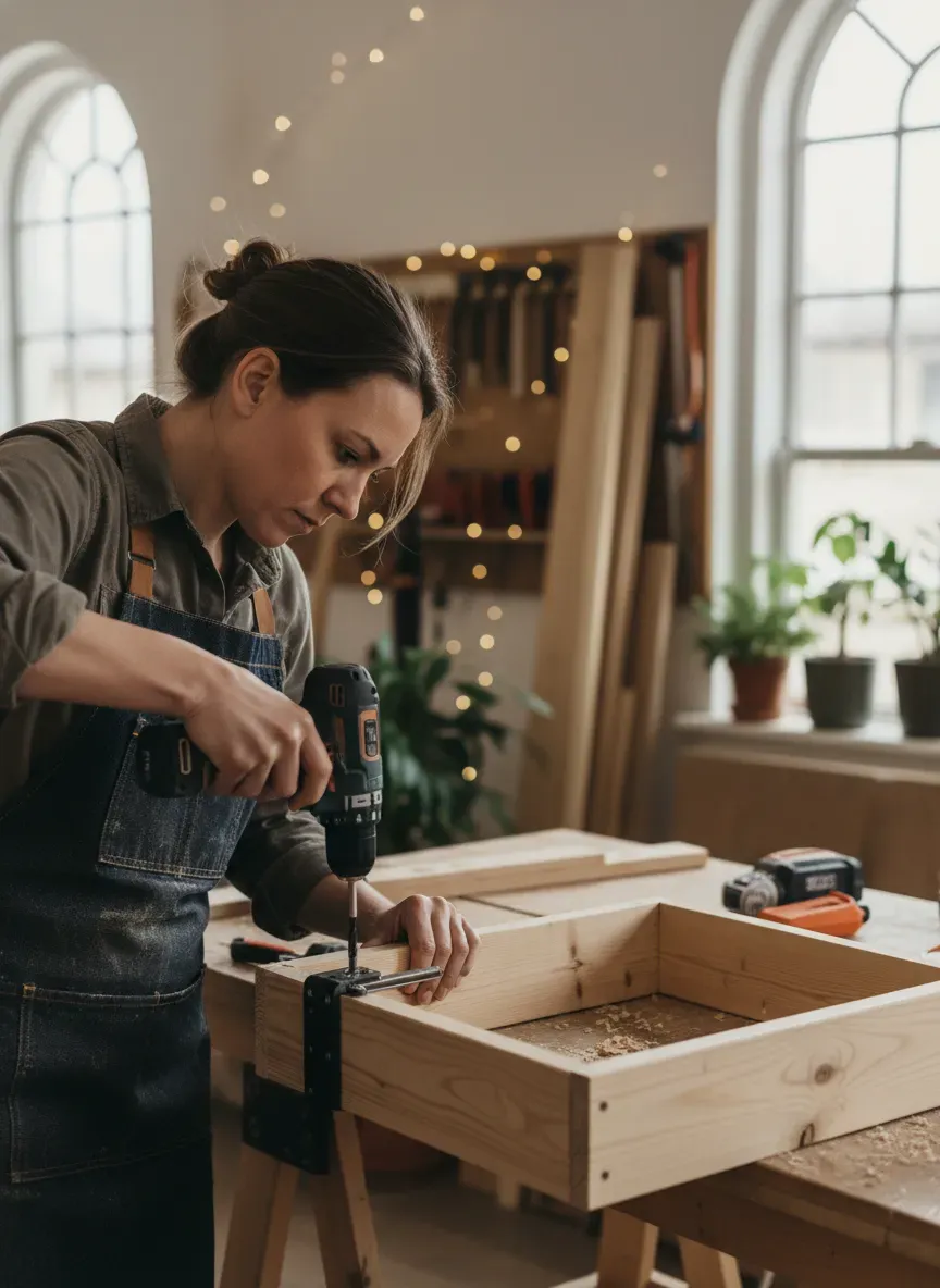 A DIYer using a pocket hole jig to assemble a mudroom bench carcass