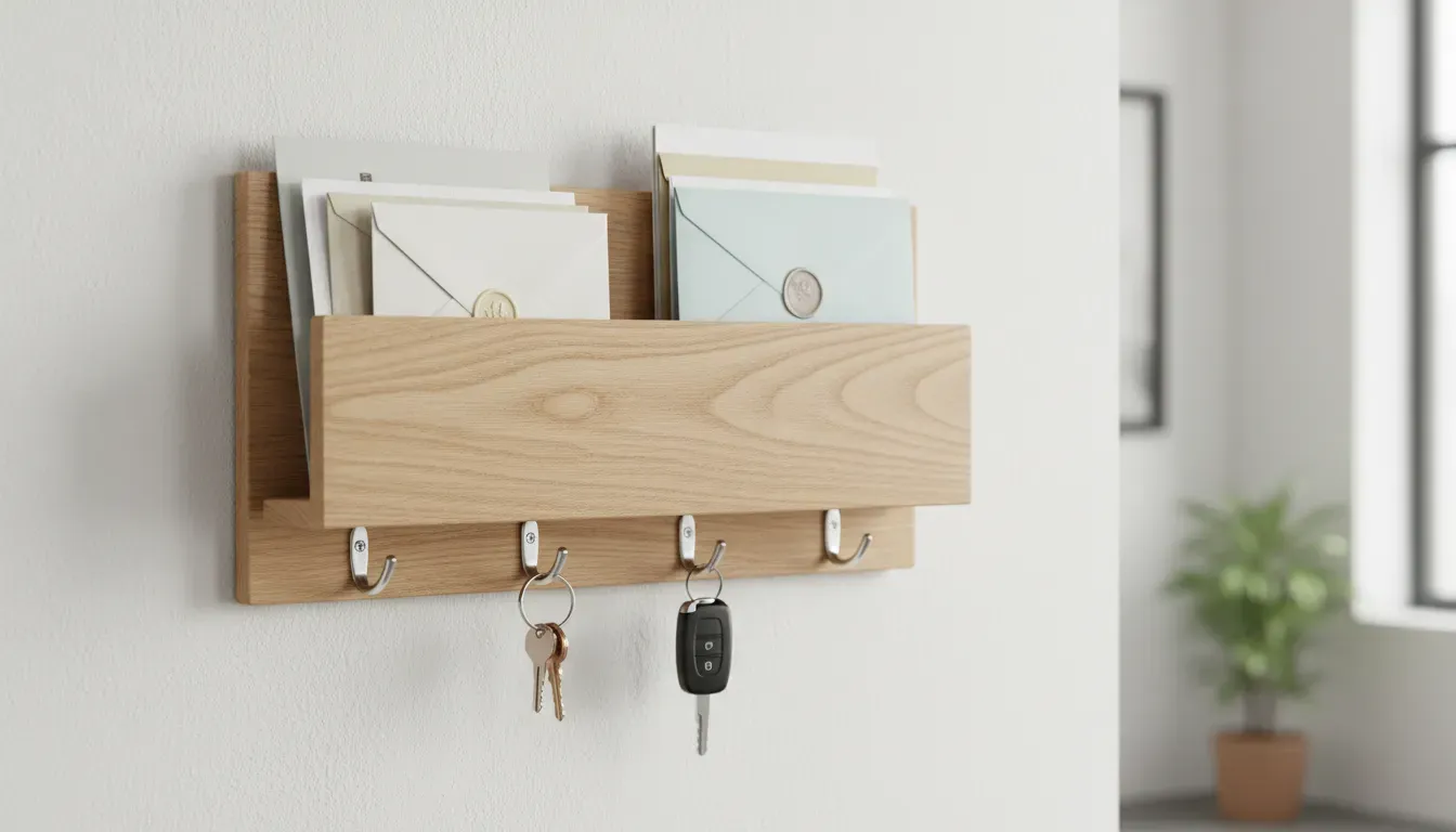 A wooden floating mail sorter on a wall with envelopes in the top slot and keys hanging from bottom hooks