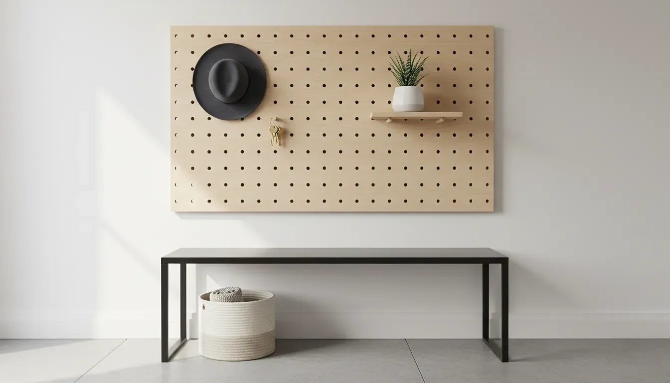 A perfectly organized entryway with a pegboard system holding a hat, keys, and a small plant