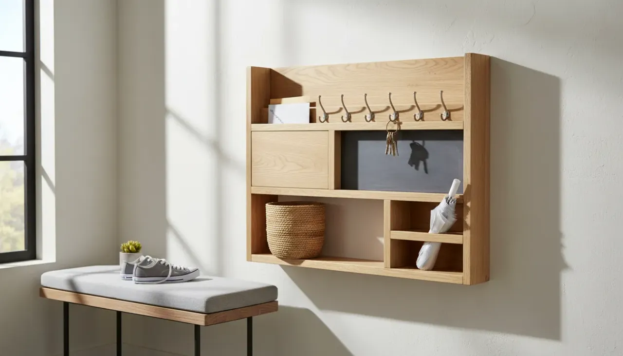 A stylish, handcrafted wooden entryway organizer mounted on a white wall featuring hooks for keys and a shelf for mail.