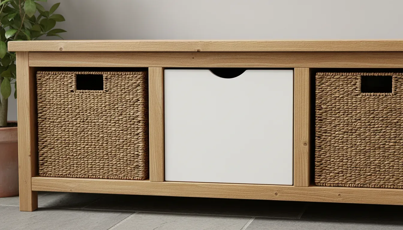 A detailed close-up of a rustic wood entryway bench showing the texture of wicker baskets in cubbies contrasted against smooth painted drawer fronts.